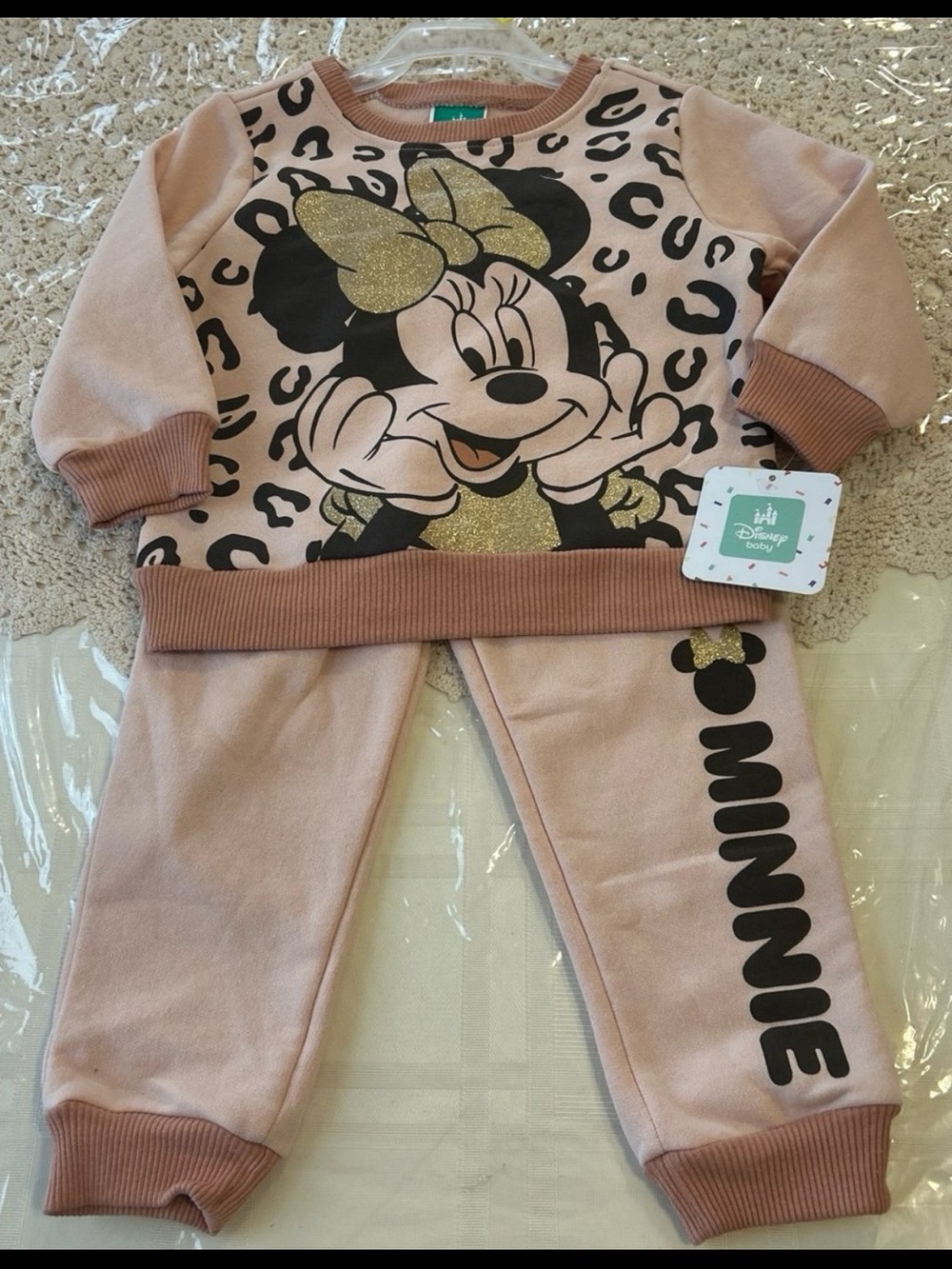 Disney Baby Pink and Black Minnie Mouse Outfit with Gold Glitter 24 months